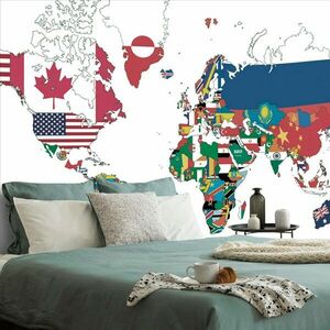 Samoprzylepna tapeta mapa świata z flagami z białym tłem obraz