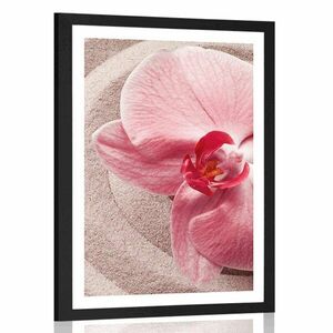 Plakat z passe-partout morski piasek i różowa orchidea obraz