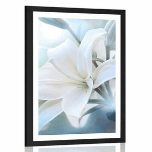 Plakat z passe-partout biały kwiat lilii na abstrakcyjnym tle obraz