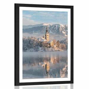 Plakat z passe-partout kościół nad jeziorem Bled w Słowenii obraz