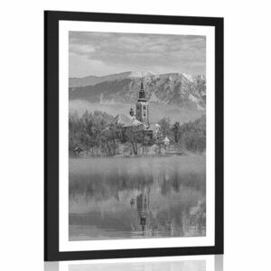 Plakat z passe-partout kościół nad jeziorem Bled w Słowenii w czerni i bieli obraz