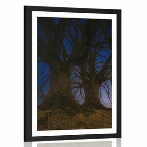 Plakat z passe-partout drzewa w nocnym krajobrazie obraz
