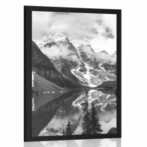 Plakat z passe-partout piękny czarno-biały krajobraz górski obraz