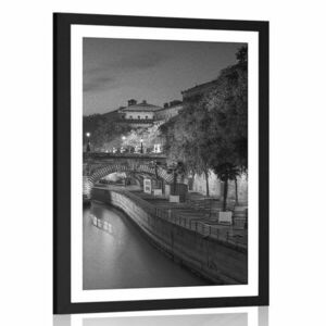 Plakat z passe-partout nabrzeże Paryża w czerni i bieli obraz