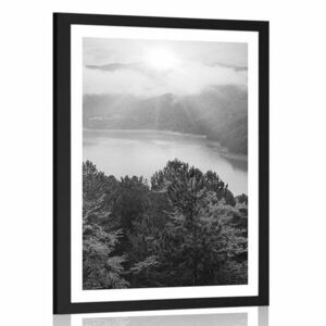 Plakat z passe-partout rzeka w środku lasu w czerni i bieli obraz