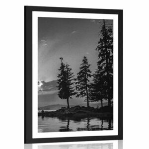 Plakat z passe-partout górskie jezioro w czerni i bieli obraz