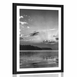 Plakat z passe-partout odbicie górskiego jeziora w czerni i bieli obraz