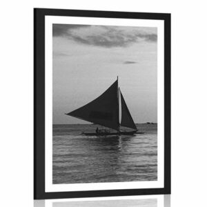 Plakat z passe-partout piękny zachód słońca nad morzem w czerni i bieli obraz