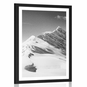 Plakat z passe-partout zaśnieżone góry w czerni i bieli obraz