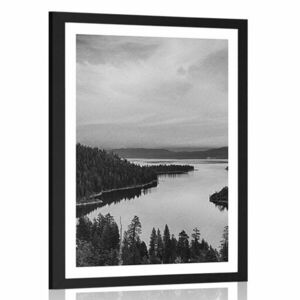 Plakat z passe-partout jezioro o zachodzie słońca w czerni i bieli obraz