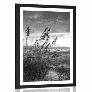 Plakat z passe-partout zachód słońca na plaży w czerni i bieli obraz