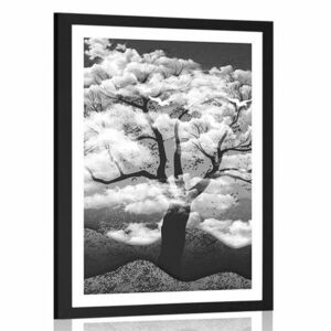 Plakat z passe-partout czarno-białe drzewo pokryte chmurami obraz