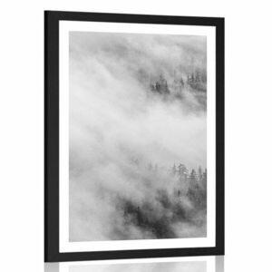 Plakat z passe-partout mglisty las w czerni i bieli obraz