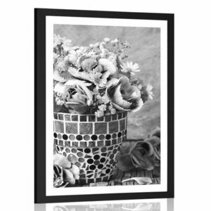 Plakat z passe-partout kwiaty goździków w doniczce mozaikowej w czarno-białym kolorze obraz