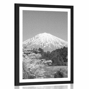 Plakat z passe-partout wulkan Fuji w czerni i bieli obraz