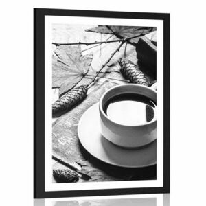 Plakat z passe-partout filiżanka kawy w jesiennym akcencie w czerni i bieli obraz