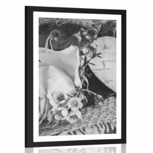 Plakat z passe-partout róża i serce z juty w czarno-białym wzorze obraz
