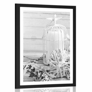 Plakat z passe-partout gałązka wiśni i lampiony w czerni i bieli obraz