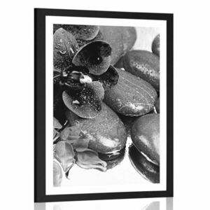 Plakat z passe-partout kwitnąca orchidea i kamienie wellness w czerni i bieli obraz