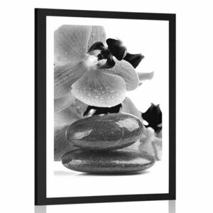 Plakat z passe-partout kamienie spa i orchidea w czerni i bieli obraz