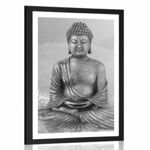 Plakat z passe-partout posąg Buddy w pozycji medytacyjnej w czerni i bieli obraz