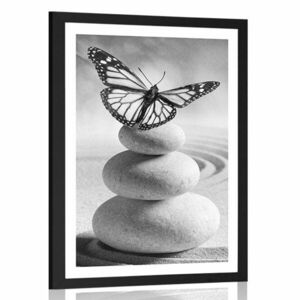 Plakat z passe-partout równowaga kamieni i motyli w czerni i bieli obraz