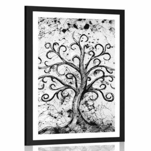 Plakat z passe-partout symbol drzewa życia w czerni i bieli obraz