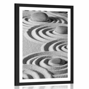 Plakat z passe-partout Kamienie Zen w piaszczystych kręgach w czerni i bieli obraz