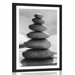Plakat z passe-partout stabilna piramida z kamieni w czerni i bieli obraz