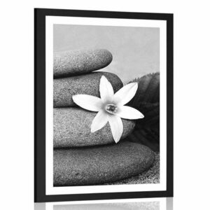 Plakat z passe-partout kwiat i kamienie na piasku w czerni i bieli obraz