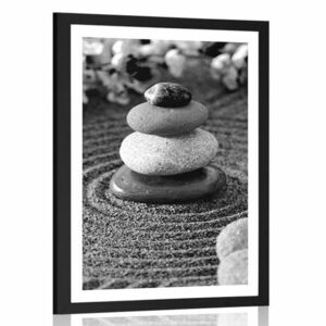 Plakat z passe-partout piramida z Zen kamieni w czerni i bieli obraz