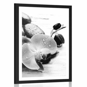 Plakat z passe-partout magiczna gra kamieni i orchidei w czerni i bieli obraz