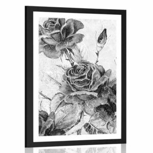 Plakat z passe-partout vintage bukiet róż w czerni i bieli obraz
