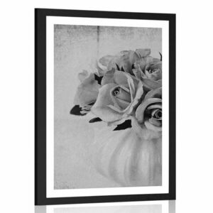 Plakat z passe-partout róże w wazonie w czerni i bieli obraz