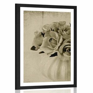 Plakat z passe-partout róże w wazonie w czerni i bieli w sepiowym kolorze obraz