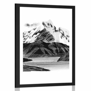 Plakat z passe-partout piękny górski krajobraz w czerni i bieli obraz