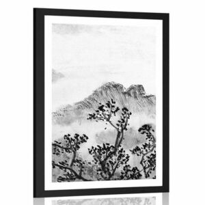 Plakat z passe-partout tradycyjne chińskie malarstwo pejzażowe w czerni i bieli obraz