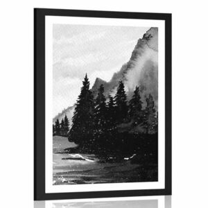 Plakat z passe-partout zimowy krajobraz kreskówkowy w czerni i bieli obraz