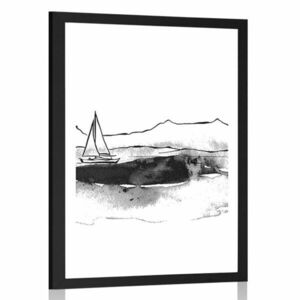 Plakat z passe-partout jacht na morzu w czerni i bieli obraz
