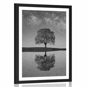 Plakat z passe-partout gwiaździste niebo nad samotnym drzewem w czerni i bieli obraz
