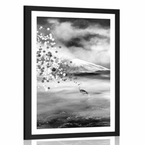 Plakat z passe-partout czaple pod magicznym drzewem w czerni i bieli obraz