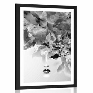 Plakat z passe-partout modna kobieca twarz z abstrakcyjnymi elementami w czerni i bieli obraz