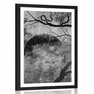 Plakat z passe-partout surrealistyczne drzewa w czerni i bieli obraz