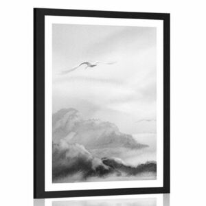 Plakat z passe-partout lot ptaków nad krajobrazem w czerni i bieli obraz