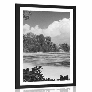 Plakat z passe-partout piękna plaża na wyspie La Digue w czerni i bieli obraz