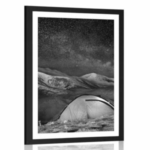 Plakat z passe-partout namiot pod nocnym niebem w czerni i bieli obraz