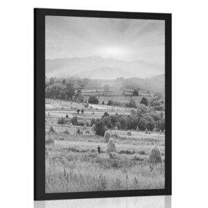 Plakat stogi siana w Karpatach w czerni i bieli obraz