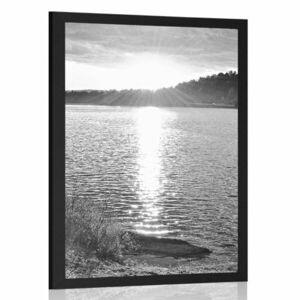 Plakat zachód słońca nad jeziorem w czerni i bieli obraz