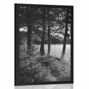 Plakat widok na jezioro w czerni i bieli obraz