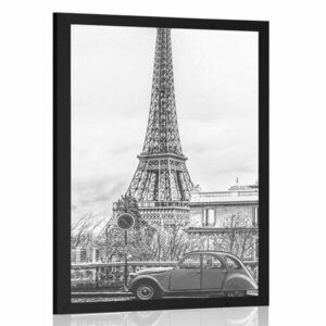 Plakat widok na Wieżę Eiffla z ulicy Paryża w czerni i bieli obraz